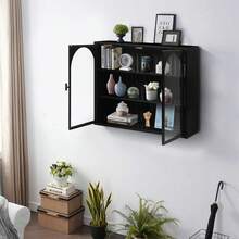 70 cm großer moderner Wandschrank mit Glastüren und drei Ebenen für den Eingangsbereich, Wohnzimmer, Badezimmer, Esszimmer, Wandschrank mit charakteristischem Webmuster, weiß - Schwarz + Metall + gehärtetes Glas - Übersicht 3