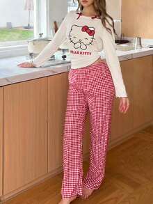 SANRIO Hello Kitty 女士圆领印花长袖上衣 + 直筒弹力腰裤 2 件套可爱睡衣套装 - 紅色 - 查看 5