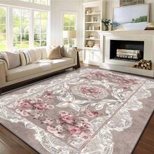 1pc Ins Style Pink Floral Pattern Carpet. Velvet Material, Approx. 850g Weight, 0.6cm Thickness, Wear-Resistant & Anti-Slip, Easy To Clean. Available In Multiple Sizes. Suitable For Kitchen, Living Room, Dining Room, Bedroom, Balcony, Bathroom, Study And Other Scenarios, An Ideal Choice For Home Decor. - Multicolor - View 5