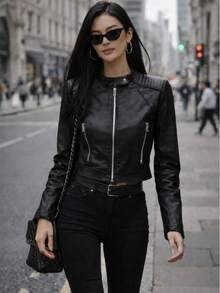 Women's Premium PU Leather Jacket, Stylish, Modern, Casual, Elegant,  Fall/Winter 2026 - 黑色 - 查看 5