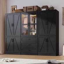 75" Tall Farmhouse 2/4/6 Doors Armoire Wardrobe Closet With Drawers And LED,Freestanding Closet Wardrobe Cabinet For Bedroom With Hanging Rod,Wooden Armoire Storage Cabinet With Adjustable Shelve - 黑色 - 查看 1