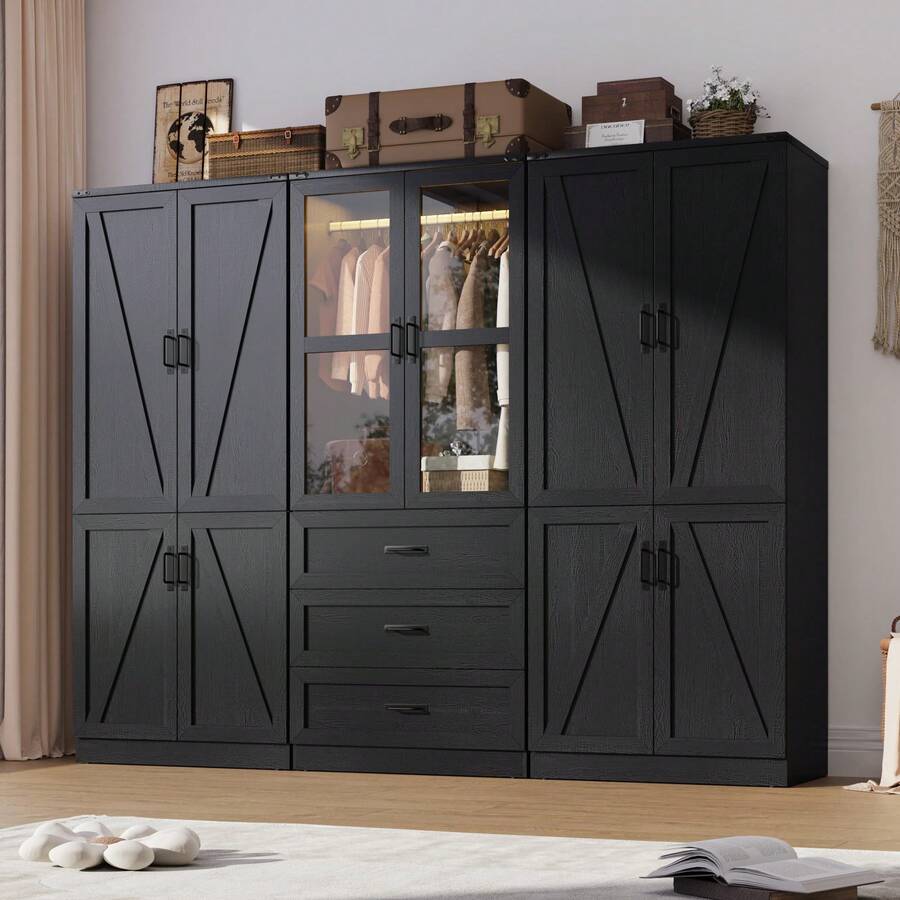 75" Tall Farmhouse 2/4/6 Doors Armoire Wardrobe Closet With Drawers And LED,Freestanding Closet Wardrobe Cabinet For Bedroom With Hanging Rod,Wooden Armoire Storage Cabinet With Adjustable Shelve - 黑色 - 查看 1