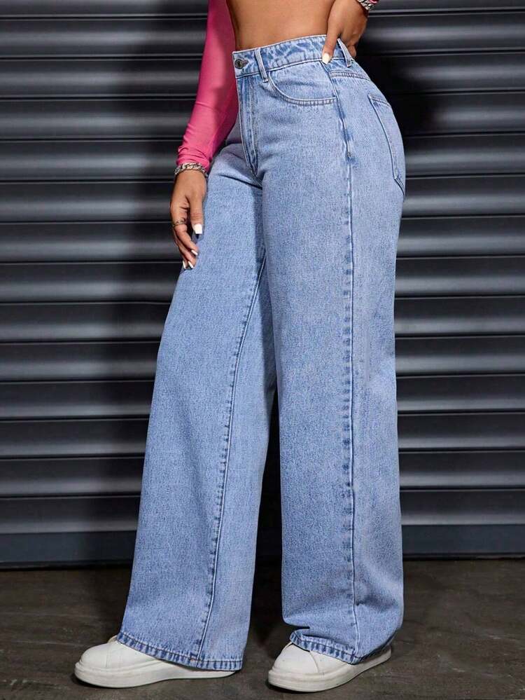 CHILAM Pantalones vaqueros casuales de pierna ancha y corte holgado con bolsillos para mujeres, Jeans diarios simples de unicolor para mujer, Jesns holgados lavados para mujer - Azul lavado medio - Añade 4