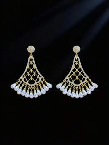 SEQUITO 1 Pair Modern Brides Ear Jewelry Gold Plated Skirt Shape Tassel Drop Hollow Dangle Earrings With Pearl For Daily Party - 5.2cm - View 9