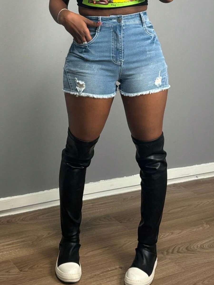Women's Mid-Rise Denim Shorts With Stretch And Rips For Urban Looks - Light Wash - View 1