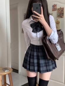 JK三点セット長袖シャツ+蝶ネクタイ+プリーツスカート制服セット女子高生制服チェック柄レディースセットアップ学園風cosplay卒業式入学式コスプレ日系春夏新作セーラー服キュート甘いスカートボタンカーディガンアンダーウェア学生 - ブラック - チェックする 10