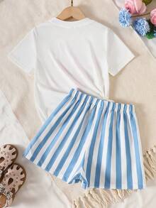 Bộ đồ 2 mảnh cho bé gái tuổi teen: Áo thun in hoa dâm bụt màu hồng và quần short kẻ sọc xanh trắng có cúc cài, phong cách tươi mới cho mùa lễ hội, xuân/hè. - trắng - Xem 2