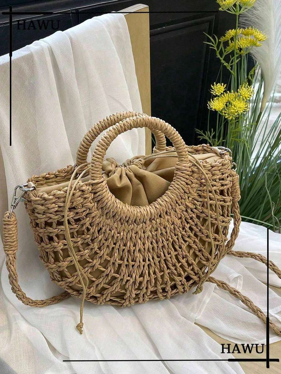 1pc Half-Moon Hollow Out Handbag, Fashionable Beach Vacation Straw Woven Bag,Vacation Bag For Summer, Perfect For Beach Vacation, Travel, Shopping, And Vacation Essentials, Eye-Catching Beach Bag Summer, Summer Straw Beach Bag For Women, Hottest Beach Bags For Women, Fashion Summer Vacation Bag, Beach Essentials Women Bags For Vacation & Holiday, Newest Holiday Bag ,Vacation Essentials , Beach Bag - Khaki - View 1