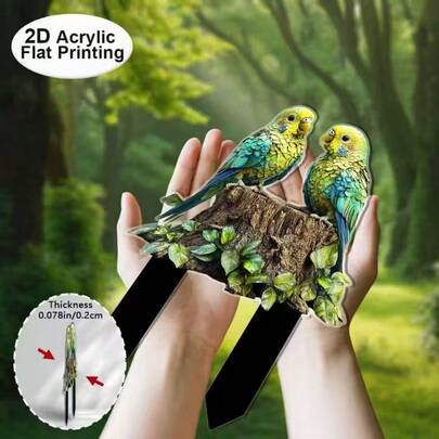 2D平面，1件装波西米亚风格亚克力鹦鹉花园标牌 - 鲜艳的蓝黄色户外装饰，耐用塑料庭院艺术品，适合万圣节、圣诞节、周年纪念日、乔迁之喜等场合，送给动物爱好者的礼物，无需用电，鹦鹉装饰，节日装饰，自然环境，2D平面