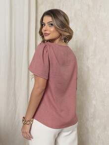 DUOUNO MODAS - WOMEN'S SHORT-SLEEVED BLOUSE WITH V-NECK AND SAMPLE SEAM IN LINEN FABRIC - WOMEN'S BLOUSES - 鮭魚 - 查看 3