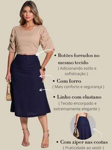 Linen Midi A-Line Skirt With Pocket Detail And High Waist. - 藏蓝色 - 查看 6