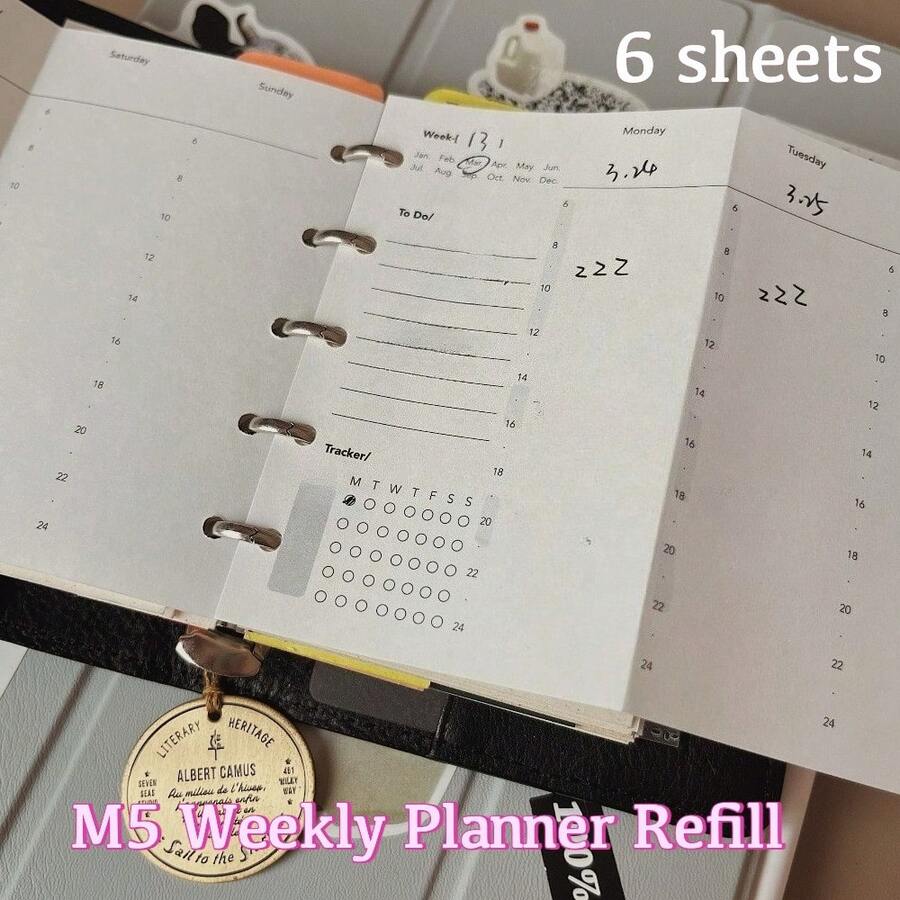 6 piezas Insertos de recambio de planificador semanal M5, línea de tiempo plegable, autorrelleno para lista de tareas, seguimiento, horario y planificación mensual - Plan semanal doble - Ver 1