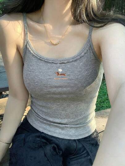 Top de tirantes con encaje estilo dopamina, chaleco sin mangas de ajuste ceñido para el verano