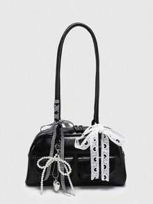 1pc Lace Bow Ballerina Style Underarm Baguette Bag For Women, Retro Y2K, Suitable For Going Out, Dating, 2000s Fashion Style Bag For Women - 黑色 - 查看 8