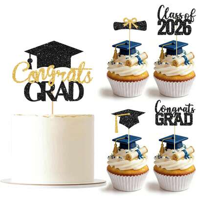 1pc/16pcs/17pcs 2026 Graduation Cake Decorating Set, Black & Gold Glitter Graduation Cap, Cup Cake Decor, 2026 Graduation Party Supplies