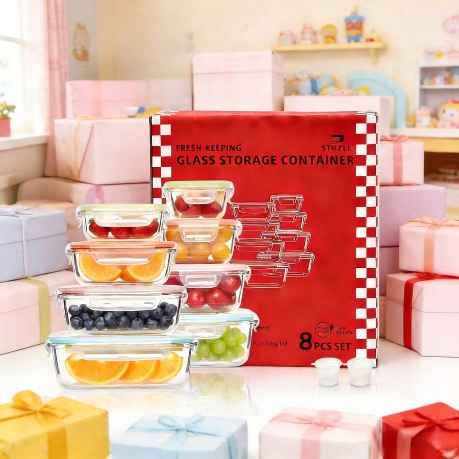 18PCS (8 Lids + 8 Containers + 2 Seasoning Boxes) Airtight Glass Food Storage Gift Set, Lids With Air Holes, Perfect For Meal Prep, Lunch - Airtight Storage | Durable Glass, Ideal For Birthday | Party | Festival Gifts - 彩色 - 查看 1