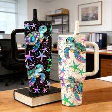1 pieza Taza de viaje aislada de 40 onzas con estilo de tortuga marina, Vaso de café de estilo oceánico para bebidas calientes y frías, Taza reutilizable de gran capacidad, Vajilla artística y colorida para la playa y el verano, Regalo para amantes del océano - Multicolor - Ver 7