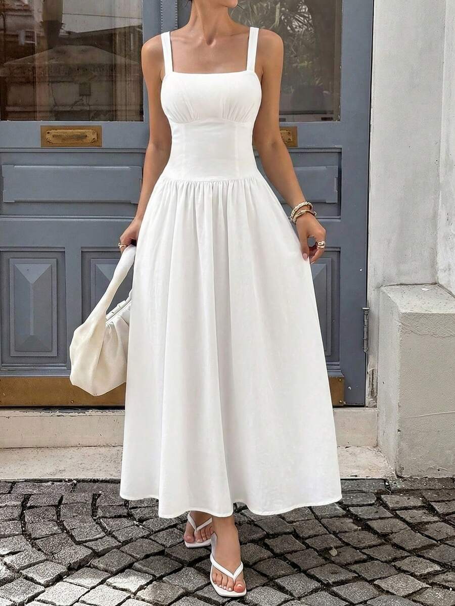 Vaiaye 简约优雅复古纯色无袖方领吊带长裙，适合女性日常穿着、办公场合，2026春夏度假风 白色 - 白色 - 查看 1