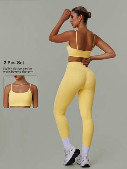 2pcs Women's Sports Set, Including Classic Spaghetti Strap Sports Bra And High Waist Deep V Lifting Design Yoga Fitness Running Cycling Pants, Suitable For Sports And Daily Wear