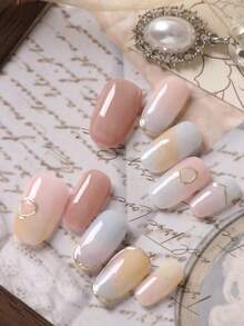 10pcs Press On Nails Pink Cat Eyes Golden Line Blue Halation Gradient Nails Press On Fake Nails Short Office DailyWear False Nails Artificial Nails Kit Includes 1sheet Adhesive Tabs &1 Pc Mini File - Multicolor - View 2