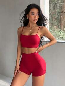 Aoqta Sports 女士夏季休闲纯色两件套，无袖露背带胸垫修身短款背心和高腰紧身短裤（带口袋），适合瑜伽、跑步、健身、日常穿着。 - 酒紅色 - 查看 7