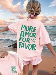 少女休闲趣味印花圆领短袖T恤，夏季上衣 - 粉色 - 查看 3