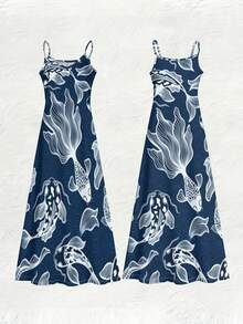 One Literary-Style Knitted Fabric Blue Background Koi Fish Women's V-Neck Spaghetti Strap Dress For Summer, Suitable For Daily Shopping And Friend Gatherings, Also A Great Gift Choice For Birthdays And Festivals. The Main Color Of The Picture Is Blue, Paired With Blue Background Koi Fish Prints, And The Style Is Loose And Elegant. - 彩色 - 查看 5