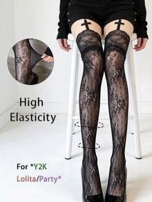 1 Pc Women Black Lace Floral Thigh High Stockings With Cross Decor | Gothic Dark Lolita Style | Suitable For Cosplay Events, Gothic Party, Lolita Outfits, Date Night & Themed Photography - Multicolor - View 1