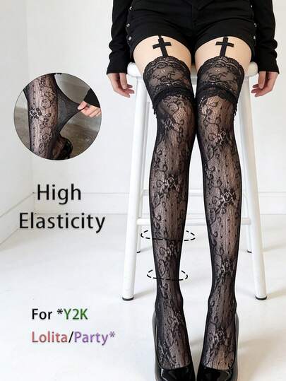 1 Pc Women Black Lace Floral Thigh High Stockings With Cross Decor | Gothic Dark Lolita Style | Suitable For Cosplay Events, Gothic Party, Lolita Outfits, Date Night & Themed Photography