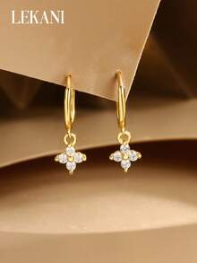 1 Pair S925 Sterling Silver Clover Zirconia Earrings, Delicate Minimalist Luxury Earrings For Women, Versatile Jewelry Gift For Mother, Girlfriend, Friend, Couple, Daily Wear - Gold - View 2