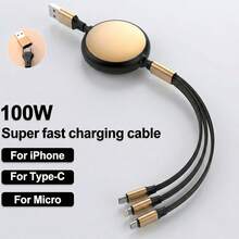 120W可伸缩三合一数据线，铝合金外壳，耐用快充线，带USB/Type-C接口，高效数据传输，兼容 17/16/15/14/13/12/11/Xs/Xr/8/7/6、S26/S25/S24/S23/S22/S21 Ultra。 - 彩色 - 查看 2