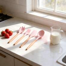 Kitchen Utensils Sets, 12Pcs Silicone Cooking Utensils Sets Include Utensil Holders, Nonstick Non Scratch Cookware Kitchen Tool With Wooden Handle - Pink - View 6