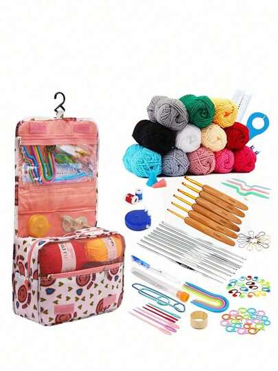 59件/131件钩针编织套装，手工礼物，送给男友/女友，宠物钩针编织配件，DIY新手钩针全套（含毛线），便携式编织工具，基础DIY钩针工具及毛线，手工工具套装，送给老人的礼物