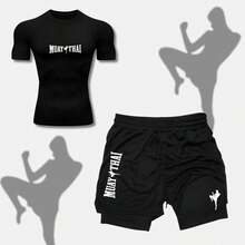 2-In-1 Shorts Set: Men's Compression T-Shirt, Muay Thai, UV Protection, And Shorts For Gym, Fighting, MMA, And Running. - 黑色 - 查看 1
