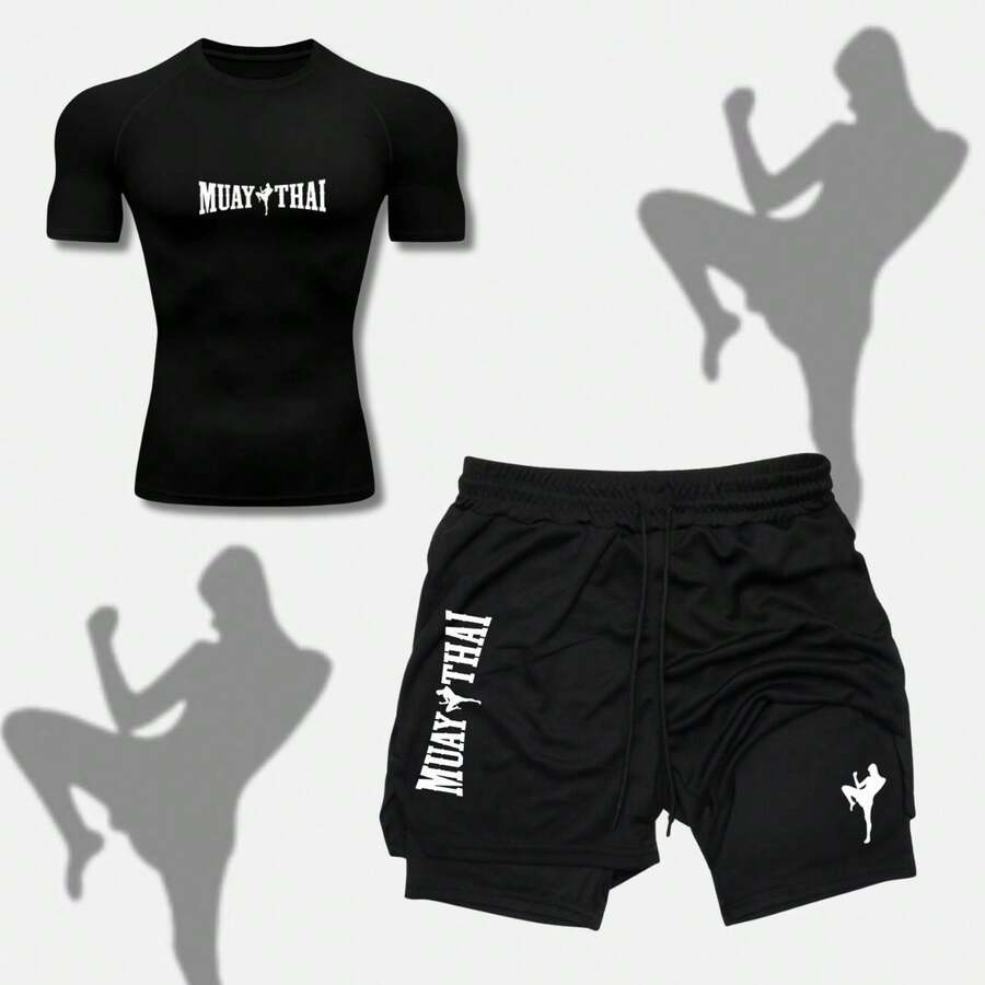 2-In-1 Shorts Set: Men's Compression T-Shirt, Muay Thai, UV Protection, And Shorts For Gym, Fighting, MMA, And Running. - 黑色 - 查看 1