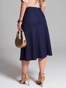 Linen Midi A-Line Skirt With Pocket Detail And High Waist. - 藏蓝色 - 查看 2