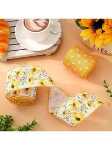 2 Rolls Floral Ribbon With Wire, 2.5 Inch Wide X 10 Yards Long, Total 2 Rolls; Yellow Rain Boot Pattern Spring Ribbon, Plaid And Polka Dot Print, Suitable For Summer Crafts, Gift Wrapping, Wreaths, Bows, Basket Decor - Yellow - View 9