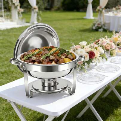 4.5L Stainless Steel Chafing Dish Buffet Server With Water Tray Fuel Burner Dual Function Keep Warm Or Cool Detachable Frame With Handles Lid Rack Food Tongs Included - Perfect For Weddings, Buffets & Graduations