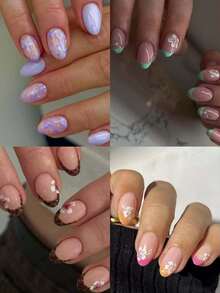 Bộ 96 miếng dán móng tay ngắn hình bầu dục (4 kiểu) họa tiết hoa, dâm bụt, da báo, kiểu Pháp, bao gồm: 1 lọ sơn gel móng tay và 1 dũa móng tay. - Nhiều màu - Xem 2