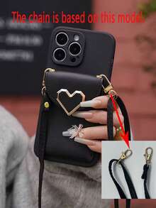 Funda de teléfono con ranura para tarjeta con forma de corazón, compatible con Apple 17/17Pro/17ProMax/15/16 Pro Max, 12 Funda suave de cobertura completa para mujer, 14, 12 ProMax Monedero diagonal para teléfono - Negro - Ver 3