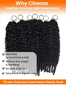 3包/150克 第三代羽毛钩编接发，100%缅甸真人发，卷曲羽毛发尾，波西米亚钩编发，奇迹结缅甸螺旋卷发，无缝隐形，适合细软发质女性 - Natural Black - 查看 3