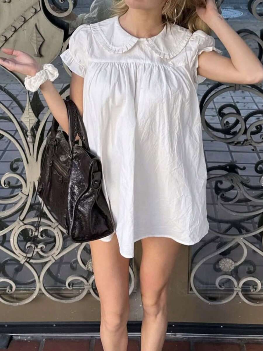 Women' Y2K Short Sleeve Shirt Mini Dress, Cute Dot Print Doll Collar Loose Dress Fairycore Babydoll Blouse Tops Summer Teen Girls Aesthetic Clothes - 白色 - 查看 1
