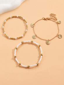 Juego de 3 piezas de cadena de pie con colgante de concha y cuentas de arroz, estilo bohemio, retro y versátil, accesorios multicapa personalizados para vacaciones - Multicolor - Ver 3