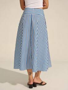 Đầm maxi dáng chữ A thanh lịch dành cho nữ, kẻ sọc dọc xanh trắng, chất liệu polyester thoải mái, có túi và khóa kéo. - Xanh và trắng - Xem 2