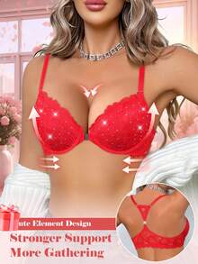红色蕾丝前扣式聚拢文胸 - 舒适提拉，镶钻装饰，方便穿脱 - 紅色 - 查看 3