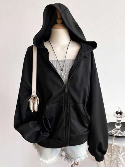 Mujer005 Sudadera con capucha y cremallera para mujer invierno sudadera de manga larga cómoda suave Chaqueta con capucha deslizante negra de estilo contemporáneo, perfecta para combinaciones versátiles y comodidad