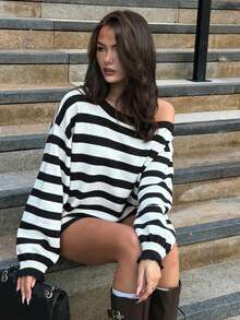 Top de manga larga con hombro asimétrico y fruncido en color rosa, camiseta interior sexy de ajuste ceñido con diseño único - Blanco y Negro - Ver 7