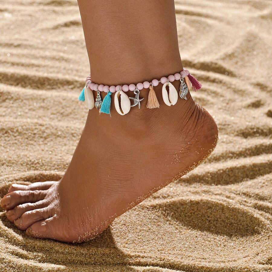 1 pieza Tobillera con estilo bohemio de concha metálica y borla con estrella de mar, adecuada para uso diario - Multicolor - Ver 1