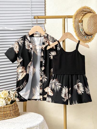 3pcs Young Girl' Tropical Leaf Print Short Sleeve Cardigan Set, Tropical Leaf Print Short Sleeve Cardigan Outfit, Summer Loose Casual Jacket + Camisole + Shorts 3-Piece Set, Children Beach Holiday Casual Chic Outfit