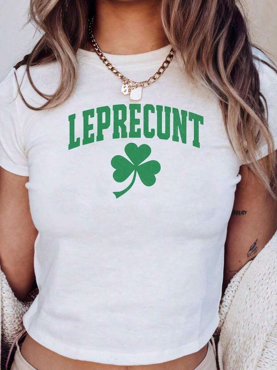Leprecunt Baby Tee Y2k Irish Shirt Funny Shamrock Baby Tee Cute St Patricks Day Baby Tee Women's St Paddy Outfit Green Party T Shirt - 白色 - 查看 1